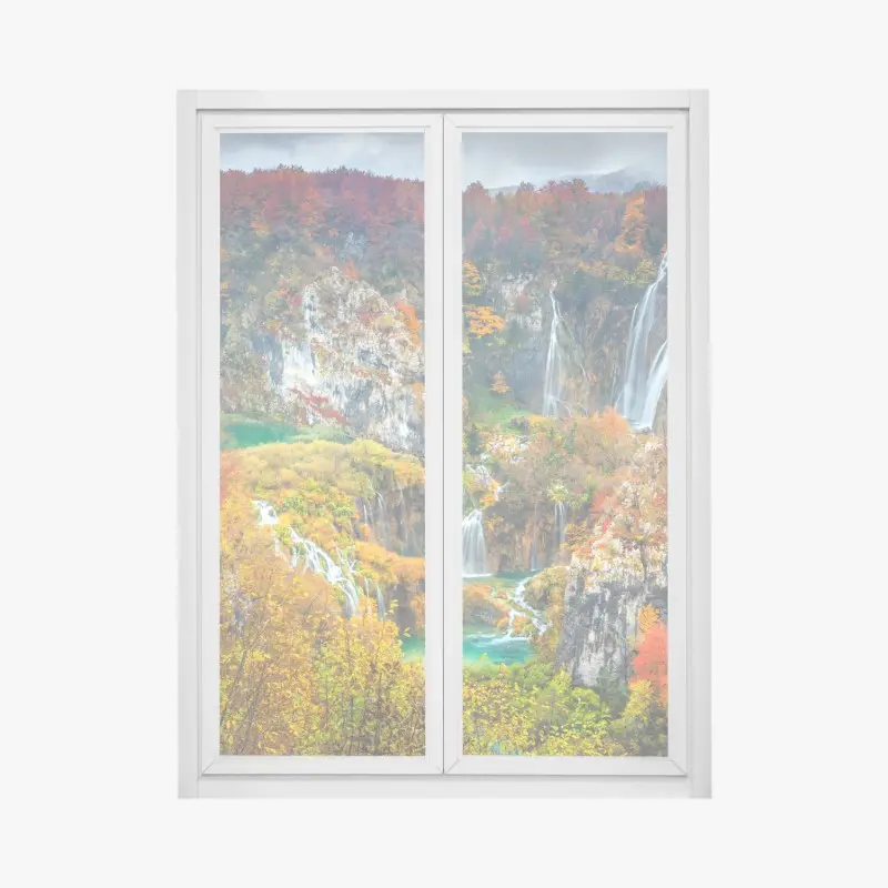 Fensteraufkleber herbstliche wasserfälle in einem farbenfrohen wald