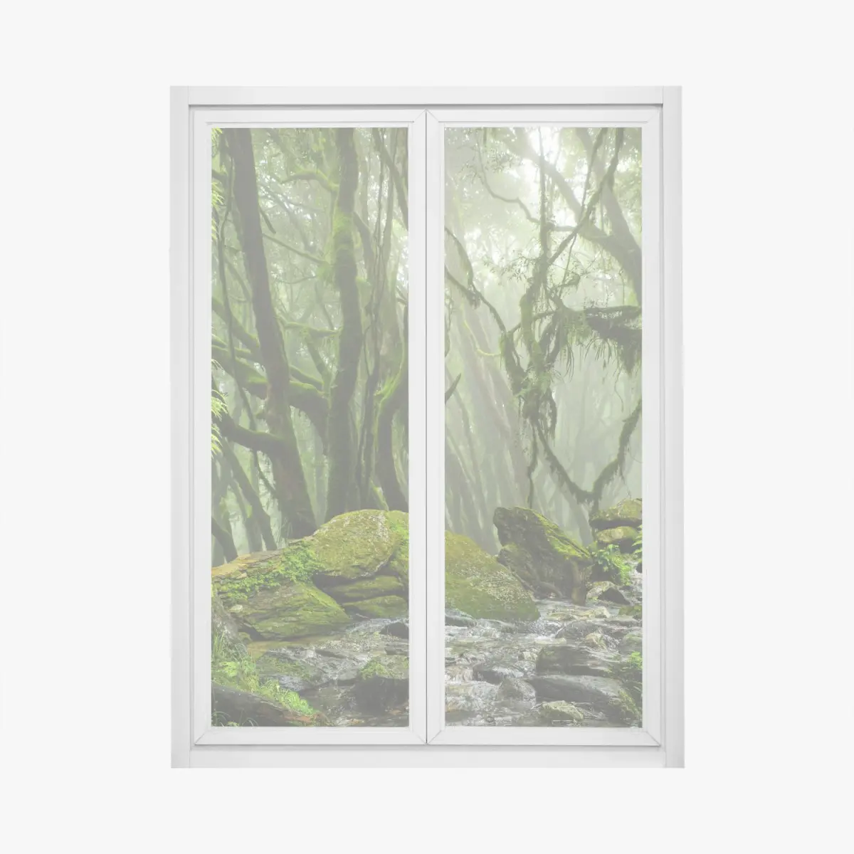 Fensteraufkleber moosiger wald mit bach im nebel – Pixers®