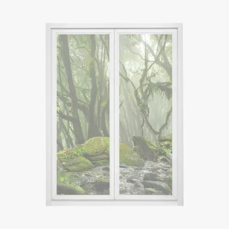Fensteraufkleber moosiger wald mit bach im nebel – Pixers®