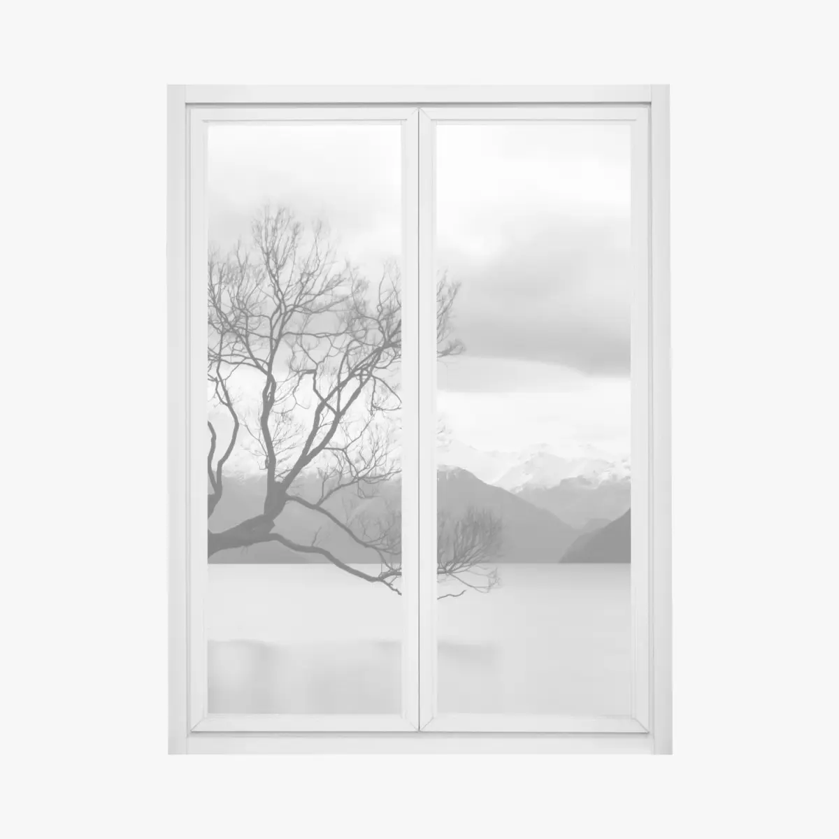 Fensteraufkleber einsamer baum im see in schwarzweiß – Pixers®
