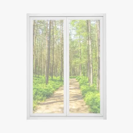 Fensteraufkleber sonniger waldweg zwischen kiefern – Pixers®