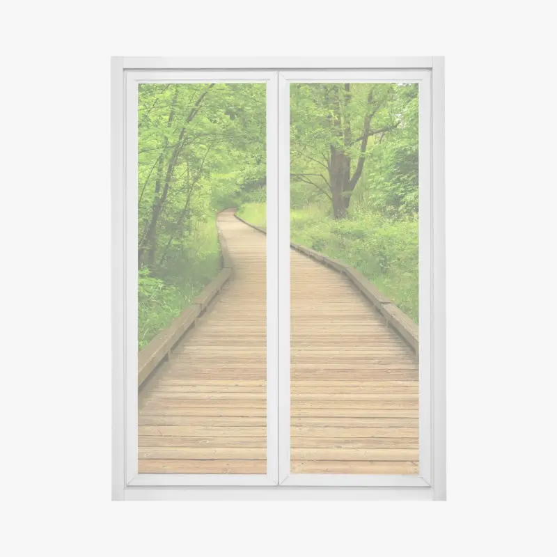 Fensteraufkleber ruhiger holzsteg im wald