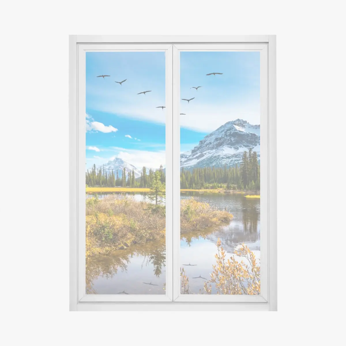 Fensteraufkleber herbstlicher bergsee mit vögeln – Pixers®