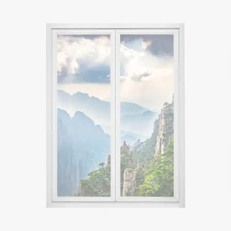 Fensteraufkleber neblige bergklippen mit sonnenstrahlen – Pixers®