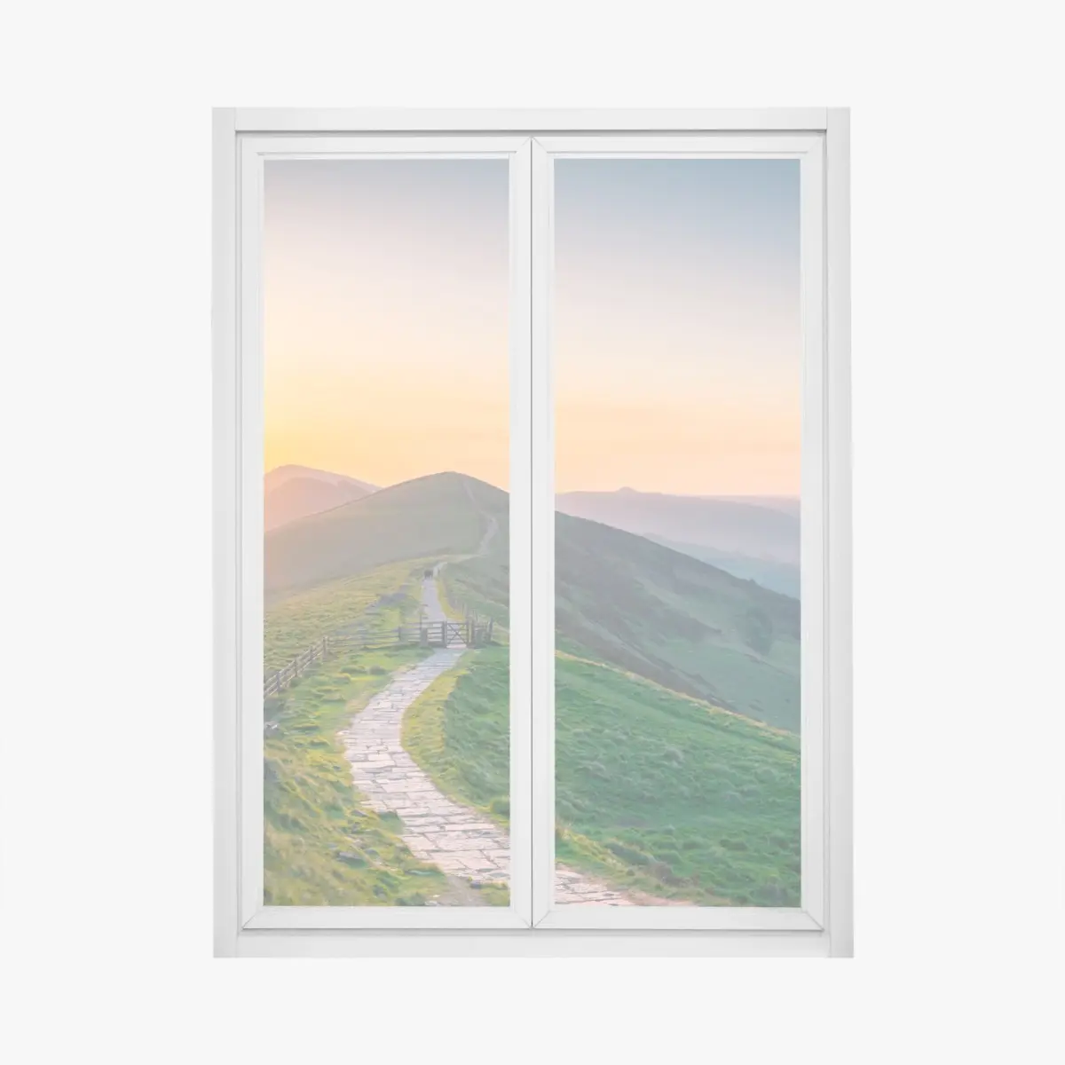 Fensteraufkleber sonnenaufgang über grünen hügeln mit steinweg – Pixers®