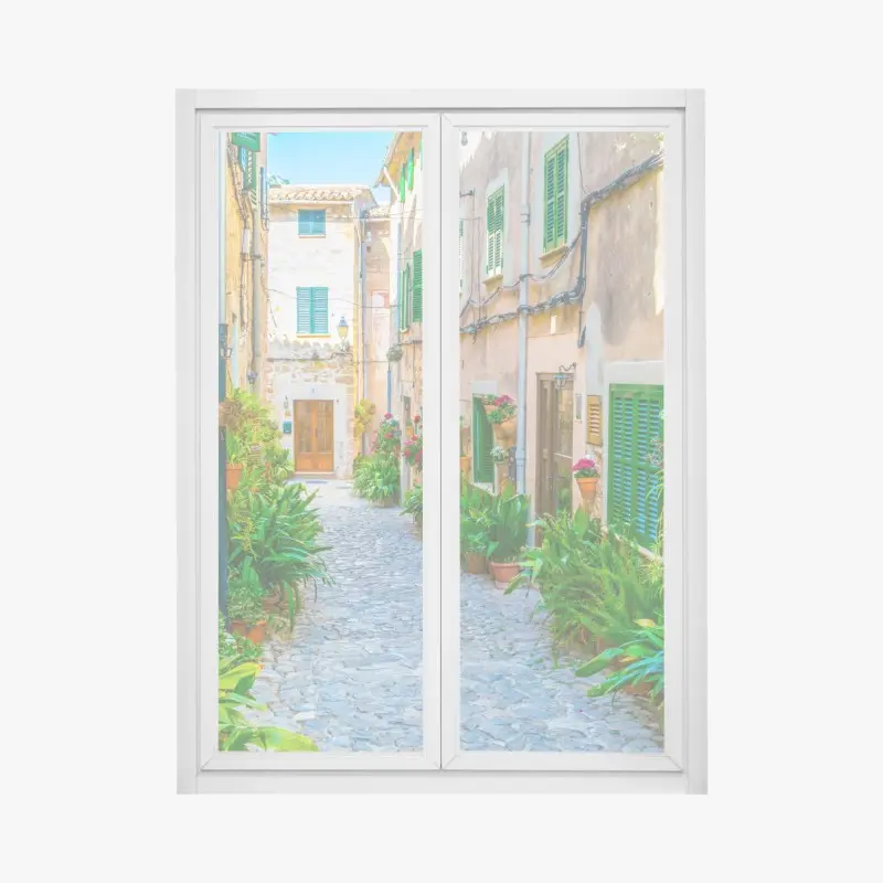 Fensteraufkleber sonnige gasse mit grünen fensterläden