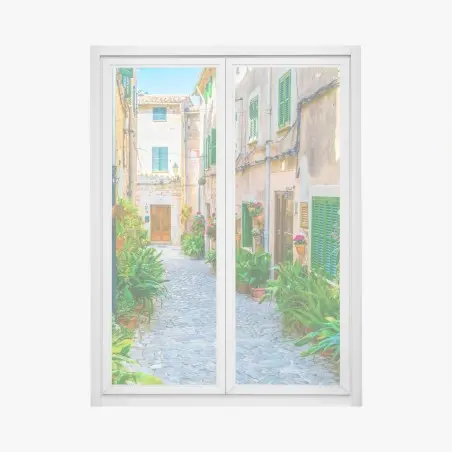 Fensteraufkleber sonnige gasse mit grünen fensterläden – Pixers®