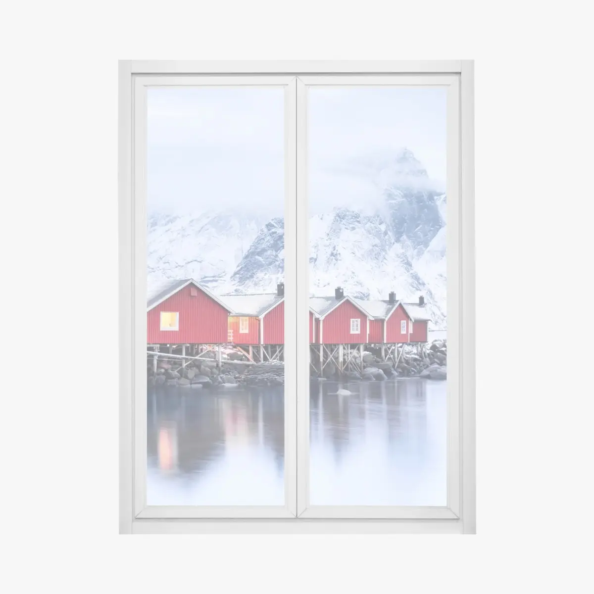 Fensteraufkleber sonnenaufgang über den roten hütten der Lofoten – Pixers®