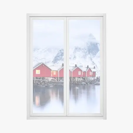 Fensteraufkleber sonnenaufgang über den roten hütten der Lofoten – Pixers®