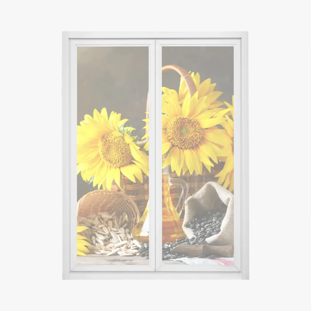 Fensteraufkleber leuchtendes stillleben mit sonnenblumen, kernen und öl – Pixers®