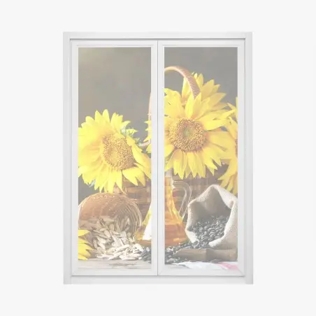 Fensteraufkleber leuchtendes stillleben mit sonnenblumen, kernen und öl – Pixers®