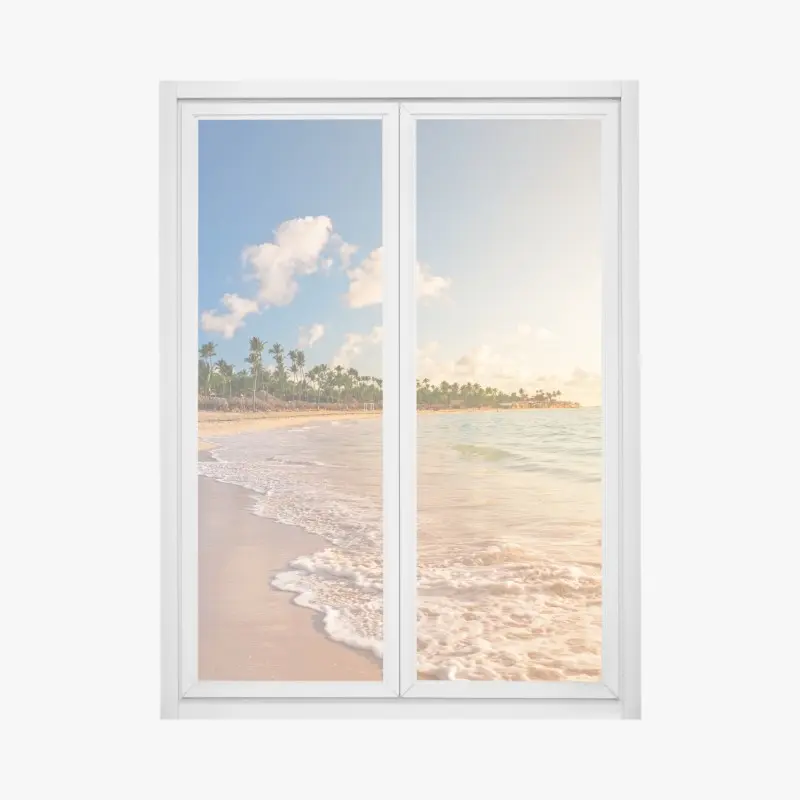 Fensteraufkleber tropischer sonnenuntergang am strand mit palmensilhouetten
