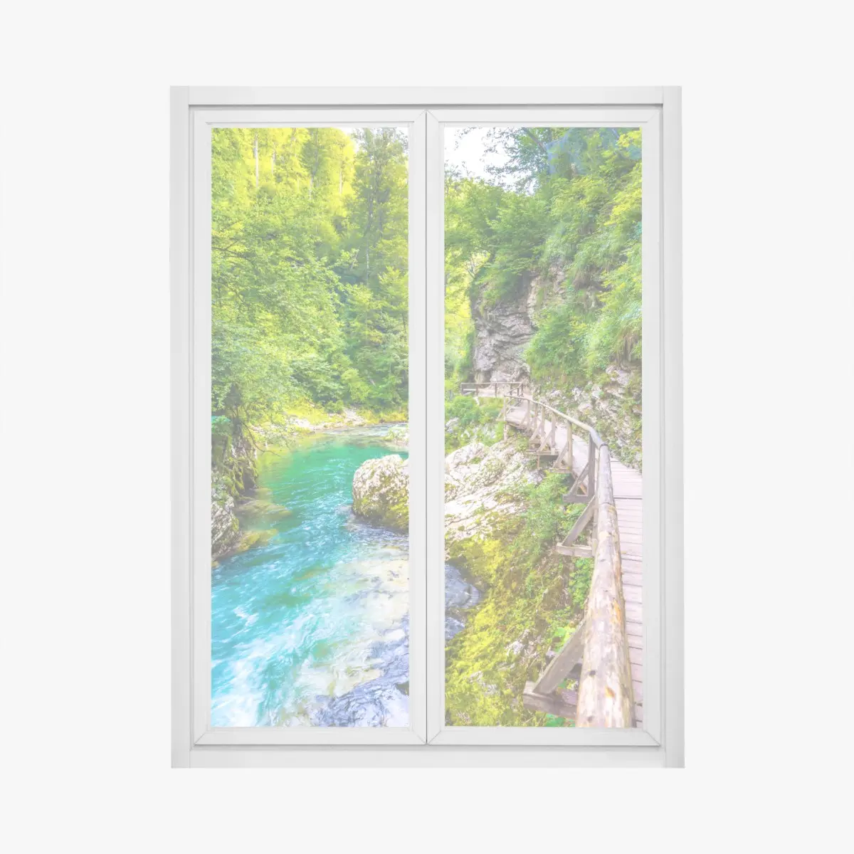 Fensteraufkleber türkisfarbener fluss und holzsteg im wald – Pixers®