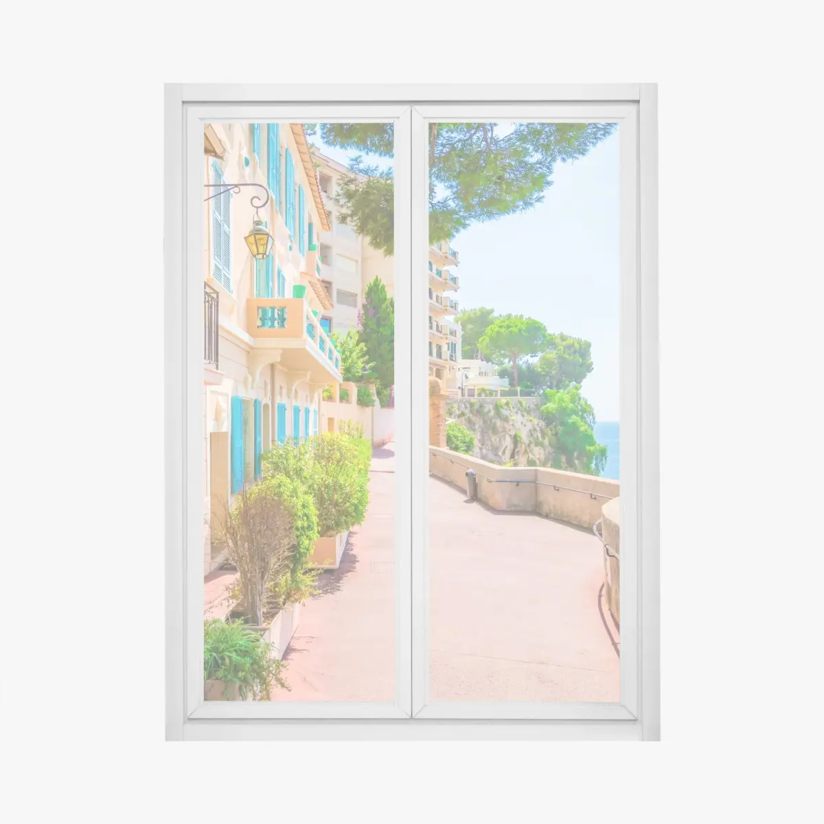 Fensteraufkleber mediterrane promenade mit pastellfarbenen häusern – Pixers®