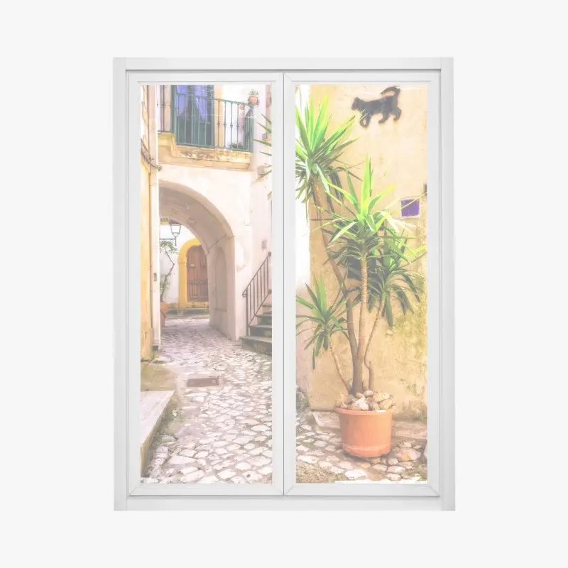Fensteraufkleber sonnige mediterrane gasse mit grünen jalousien