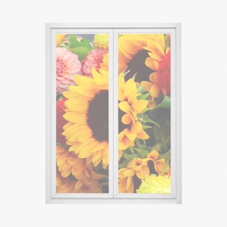 Fensteraufkleber nahaufnahme sonnenblumen- und dahlienstrauß – Pixers®