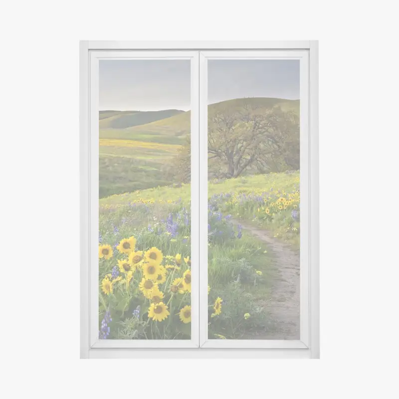 Fensteraufkleber pfad durch blumenwiese mit eichenbaum
