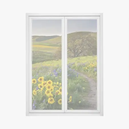 Fensteraufkleber pfad durch blumenwiese mit eichenbaum – Pixers®