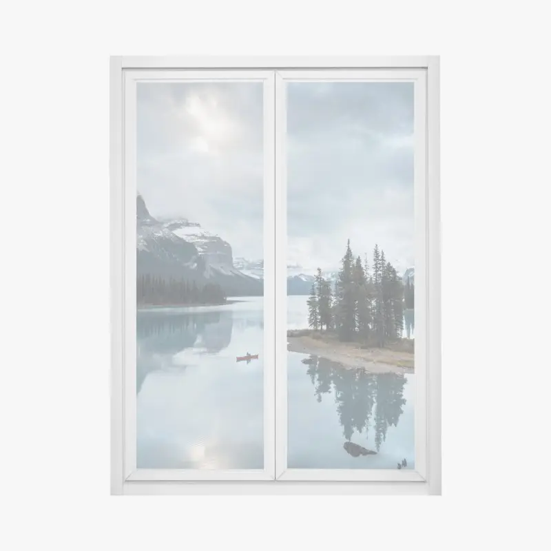 Fensteraufkleber ruhiger alpensee mit insel und kajak
