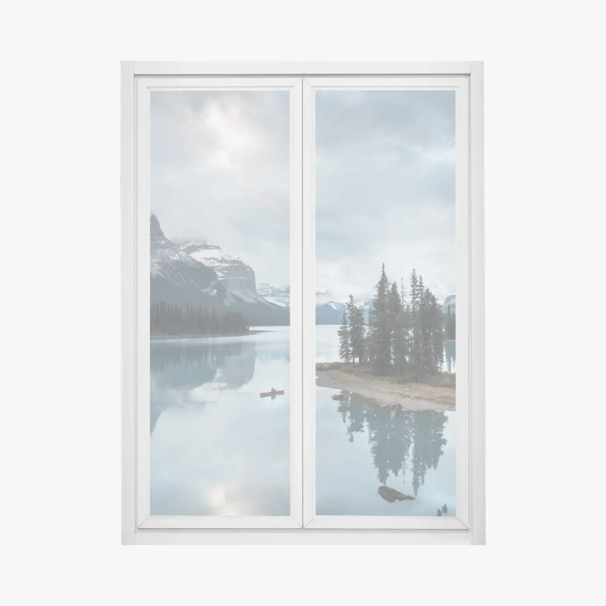 Fensteraufkleber ruhiger alpensee mit insel und kajak – Pixers®