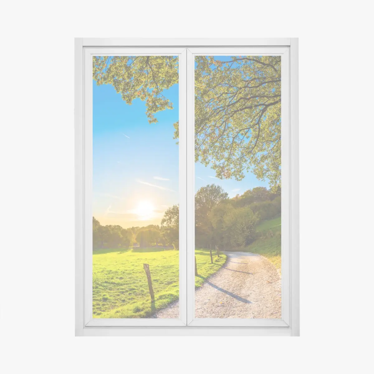 Fensteraufkleber sonnenbeschienene wiese mit landweg bei sonnenuntergang – Pixers®