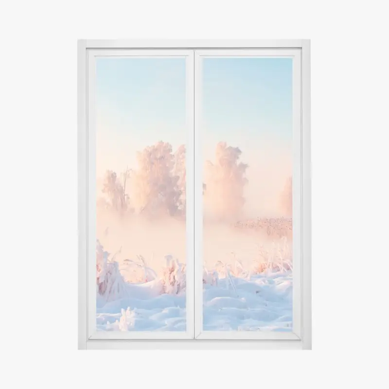 Fensteraufkleber winterlicher sonnenaufgang über einer frostigen wiese