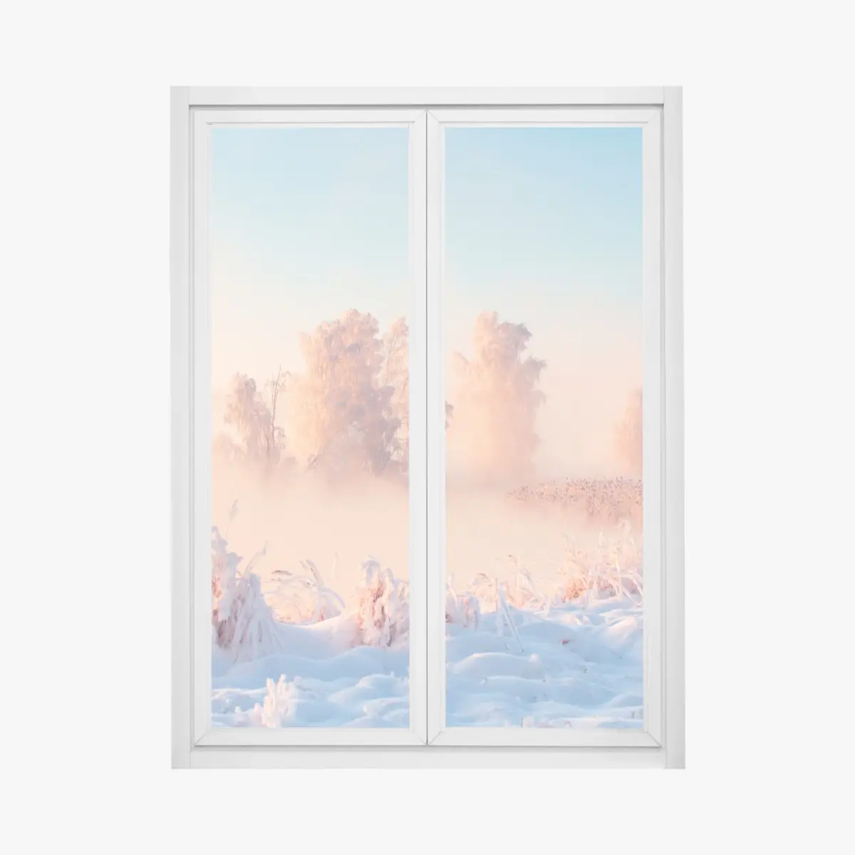 Fensteraufkleber winterlicher sonnenaufgang über einer frostigen wiese – Pixers®