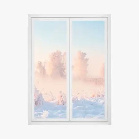 Fensteraufkleber winterlicher sonnenaufgang über einer frostigen wiese – Pixers®