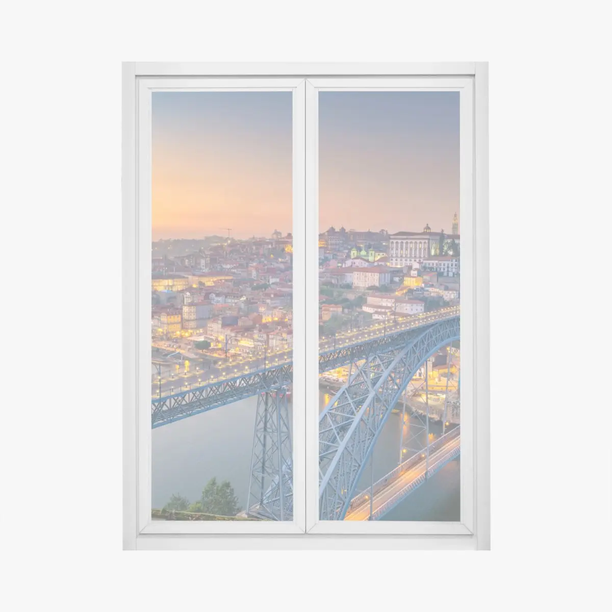 Fensteraufkleber porto skyline bei dämmerung mit Dom Luís I – Pixers®