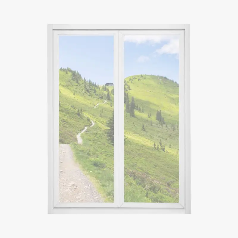 Fensteraufkleber sonniger bergpfad durch grüne wiese