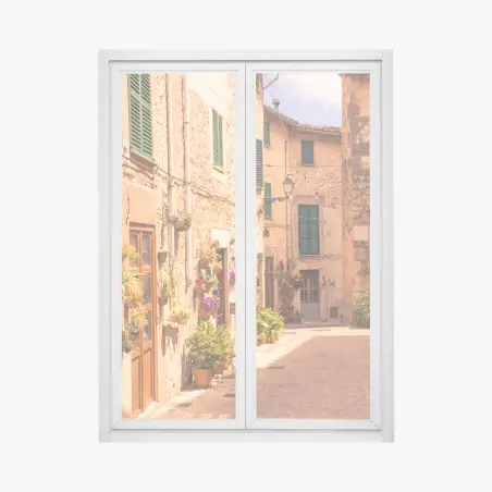 Fensteraufkleber sonnige mediterrane gasse mit blumentöpfen – Pixers®