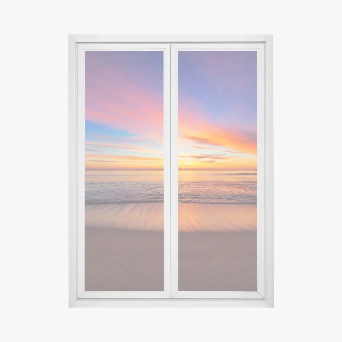 Fensteraufkleber lebendiger sonnenaufgang über einem ruhigen strand – Pixers®