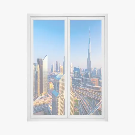 Fensteraufkleber panorama Dubais mit Burj Khalifa bei sonnenuntergang – Pixers®