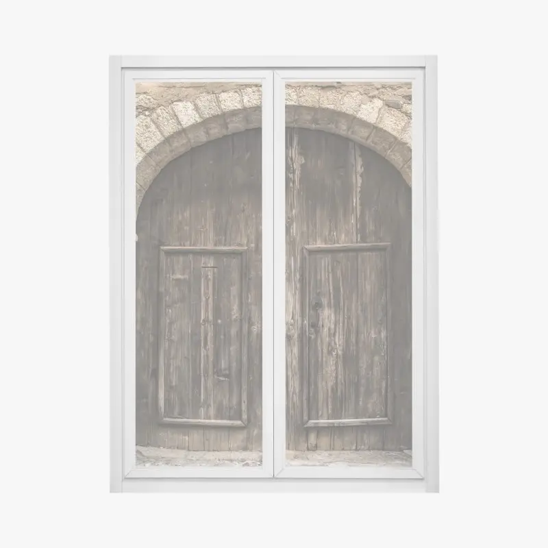 Fensteraufkleber rustikale holztür mit steinbogen