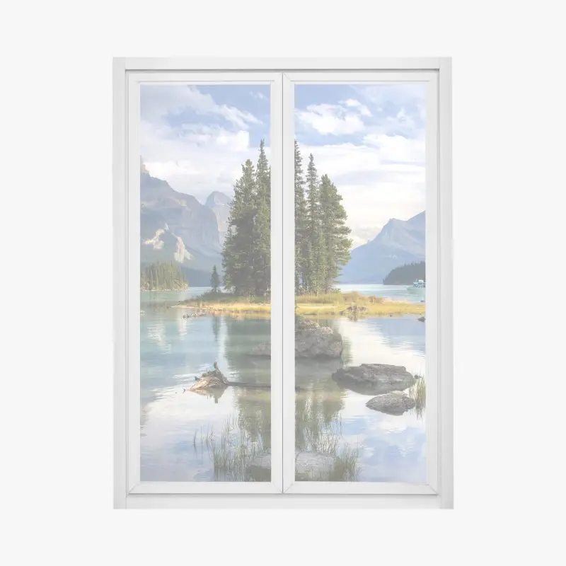 Fensteraufkleber ruhiger alpensee mit insel und bergen