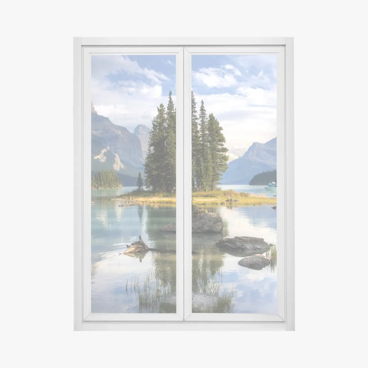 Fensteraufkleber ruhiger alpensee mit insel und bergen – Pixers®
