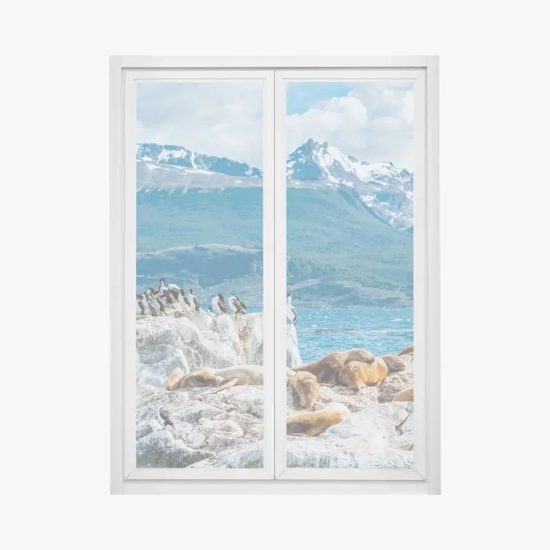 Fensteraufkleber seelöwen und seevögel an der felsküste