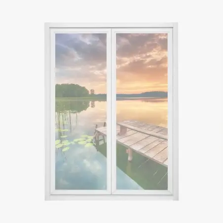 Fensteraufkleber goldener sonnenaufgang über ruhigem see – Pixers®