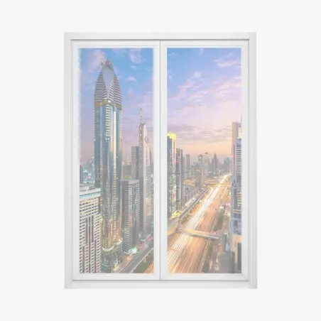 Fensteraufkleber stadtszene Dubais bei dämmerung – Pixers®