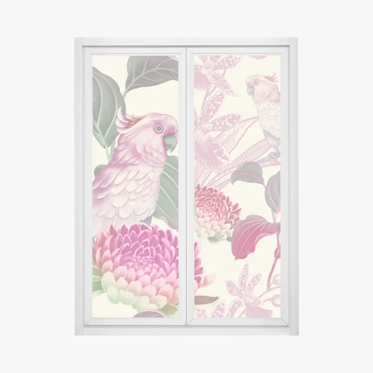 Fensteraufkleber rosa papagei und chrysantheme - botanisches motiv – Pixers®