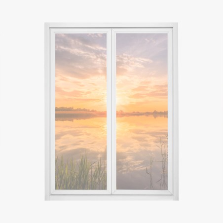 Fensteraufkleber goldener sonnenuntergang über idyllischem see – Pixers®