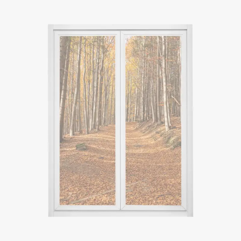 Fensteraufkleber herbstlicher waldweg mit goldenen blättern