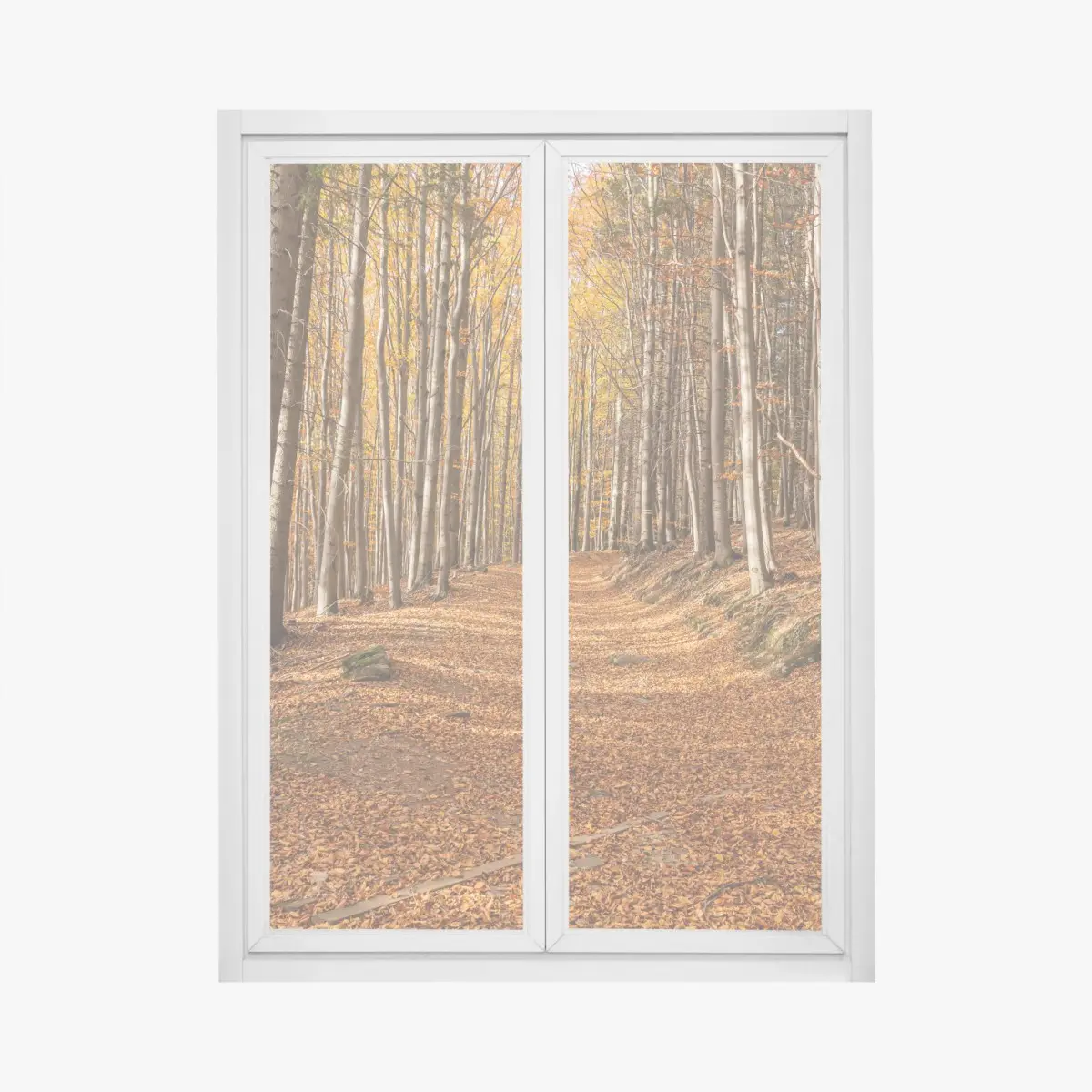 Fensteraufkleber herbstlicher waldweg mit goldenen blättern – Pixers®