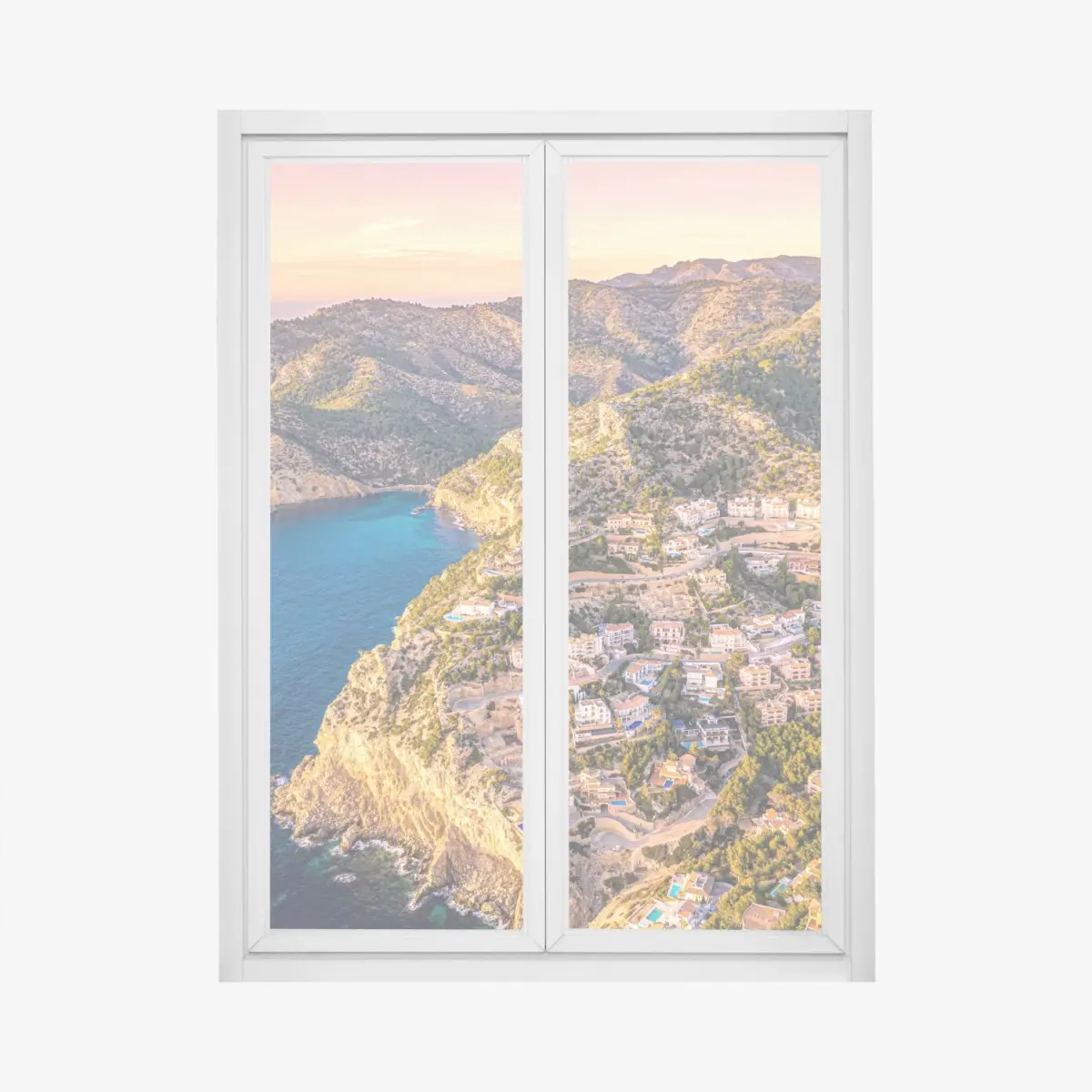 Fensteraufkleber sonnenuntergang über küstenlandschaft mit dorf am kliff – Pixers®