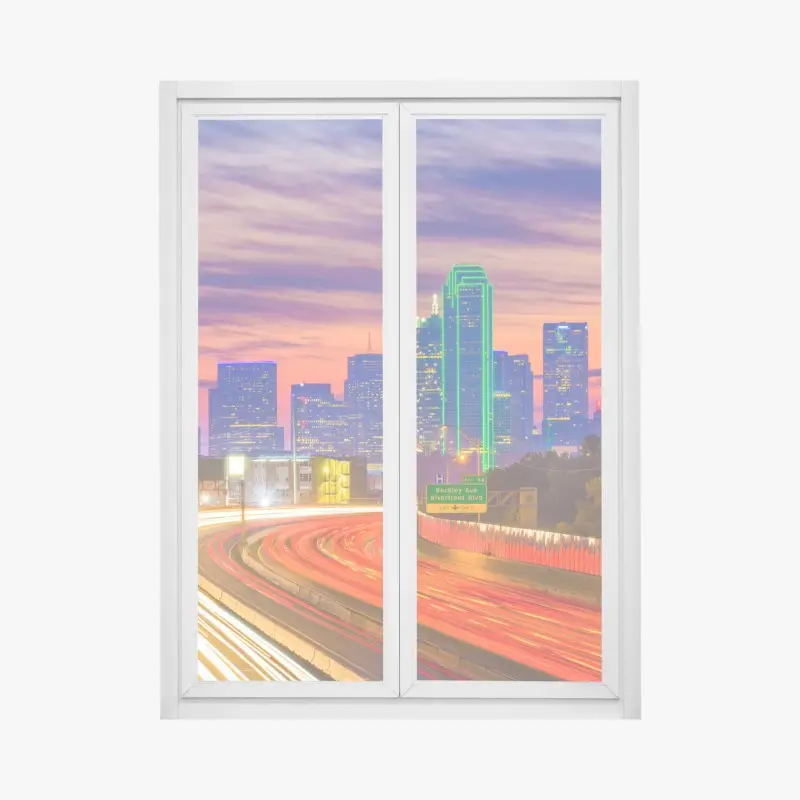 Fensteraufkleber panorama von Dallas bei sonnenuntergang mit lichtspuren auf der autobahn