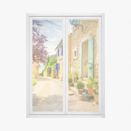 Fensteraufkleber sonnenbeschienene dorfstraße mit steinhäusern und bunten fensterläden – Pixers®