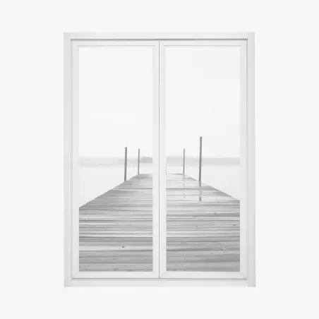 Fensteraufkleber nebliger steg am see in monochrom – Pixers®