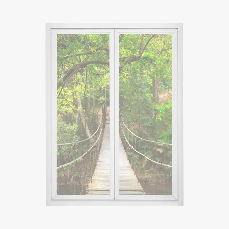 Fensteraufkleber hängende holzbrücke im grünen wald