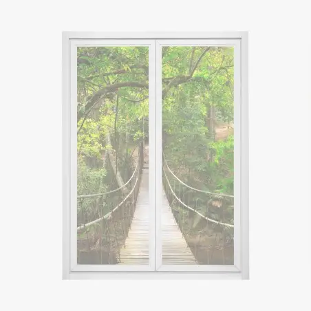 Fensteraufkleber hängende holzbrücke im grünen wald – Pixers®