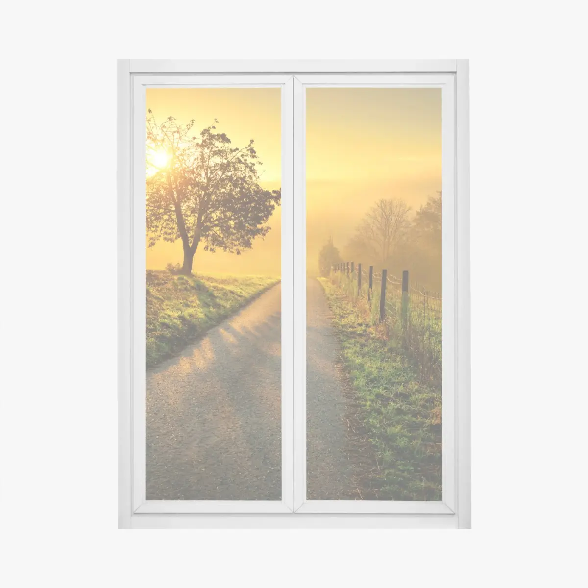 Fensteraufkleber sonnenbeschienener landweg durch die morgenwiese – Pixers®